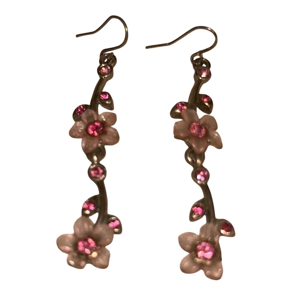 Vintage Pink Crystal Flower Vine Drop Earrings Silver Tone